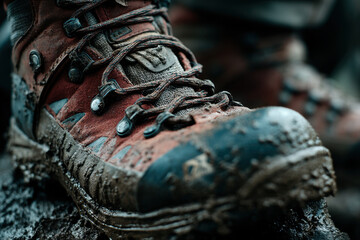 Pair of muddy hiking boots on rocky trail.