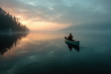 Man paddling canoe on lake.