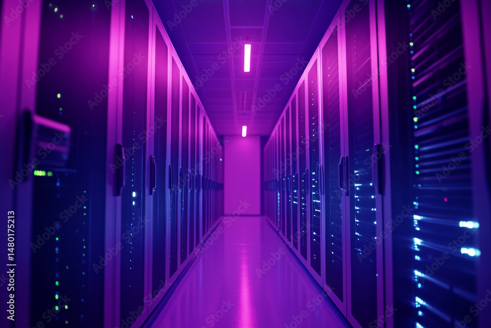 Poster rows of illuminated servers in a modern data center a digital infrastructure hallway