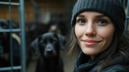 Smiling woman in beanie with black dog in a shelter, eye contact