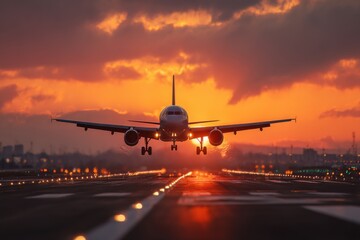Passenger airplane landing on runway during vivid dusk; aircraft touching down with airport lights, and colorful sky