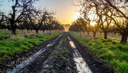 Obraz premium Serene Muddy Pathway Through Orchard at Sunrise with Fog and Trees