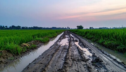 Fototapeta premium Serene Dirt Path Through Lush Green Rice Fields at Dusk