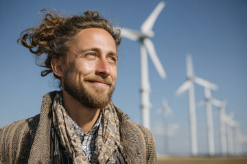 Man with long hair and scarf standing in front of wind turbines.