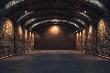 Obraz premium Dark brick tunnel arched ceiling dimly lit interior space