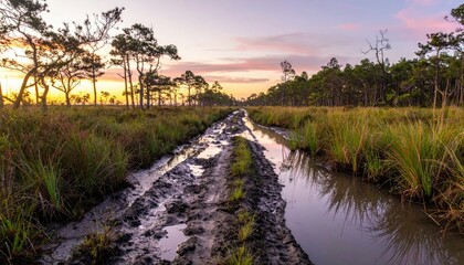 Serene Marsh Landscape at Sunset with Wet Muddy Road and Trees