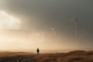 Man walking beside wind turbines on dirt road.