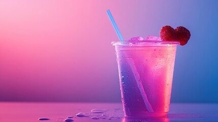 Refreshing Colorful Beverage with Ice and Straw in Vibrant Pink and Blue Background