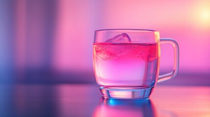 Vibrant Glass Cup with Icy Drink on Wooden Table Surrounded by Soft Colorful Lighting