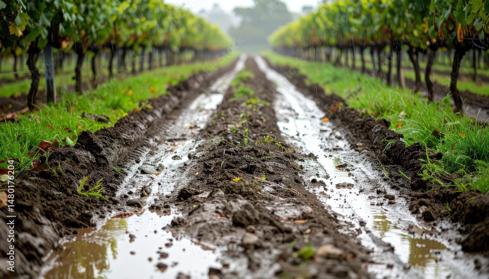 Poster muddy vineyard path with rows of grapevines on a rainy day