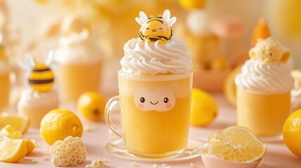 Cute Lemon Dessert with Whipped Cream and Bee Decorations on a Pastel Background