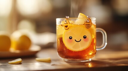 Cheerful Beverage with Lemon and Honey in Glass Mug for Refreshing Summer Vibes or Cozy Winter Comfort