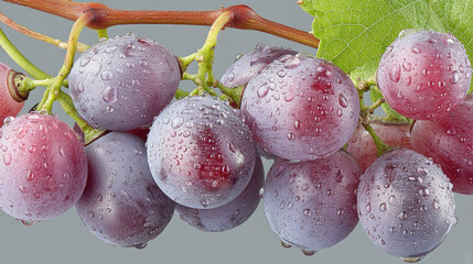 Close-up of fresh, dew-covered red grapes on vine with leaf