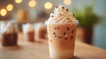 Cute smiling iced coffee drink with whipped cream and chocolate toppings in a cozy cafe setting
