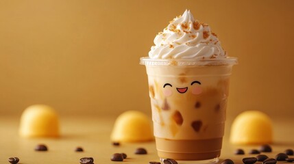 Cheerful Iced Coffee Drink with Whipped Cream and Smiling Face on a Simple Yellow Background