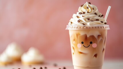 Cute iced coffee drink with whipped cream and chocolate sprinkles on a pink background
