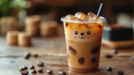 Cute iced coffee drink with playful bear face in transparent cup on wooden table with coffee beans and cookies