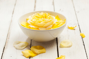 yellow rose and petals in and around bowl of water