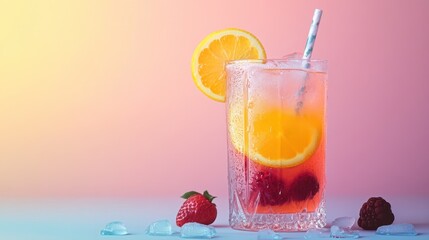 Refreshing Summer Beverage with Citrus and Berries in a Stylish Glass against a Gradient Background