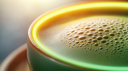 Close-up of frothy matcha tea in a green mug, sunlit. Bubbles and vibrant color