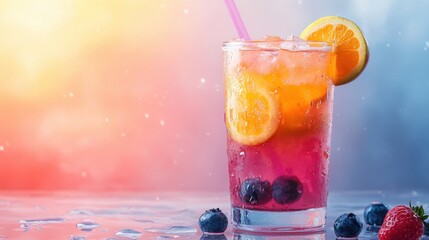 Refreshing Summer Drink with Citrus Slices and Berries in Colorful Background for Delightful Beverage Moments