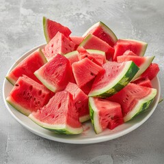 Sliced watermelon pieces neatly arranged on a white ceramic plate, minimalist background, soft natural lighting, pastel tones, clean and fresh look, ultra-realistic, high detail 