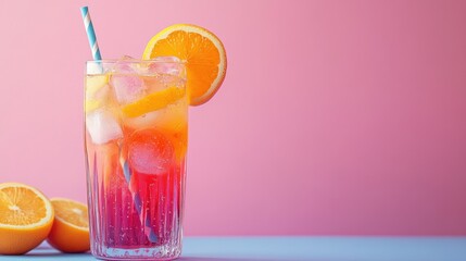 Refreshing Colorful Drink with Citrus Slices and Ice Cubes on Trendy Pink and Blue Background