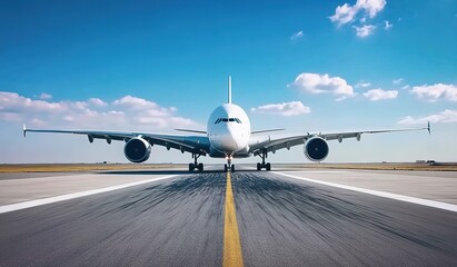 Obraz premium Large commercial airplane on a runway under a clear sky