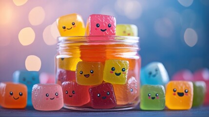 Colorful Smiling Ice Cubes in a Jar with Soft Focus and Bokeh Background for Fun and Playful Themes