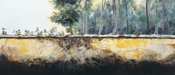 A vibrant depiction of forest root systems.