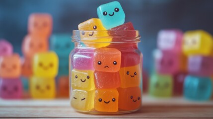 Colorful Candy Cubes with Cute Expressions in Glass Jar Surrounded by Playful Jelly Cubes on Wooden Surface