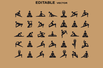 Collection of Yoga Poses and Stretching Exercises Pictograms