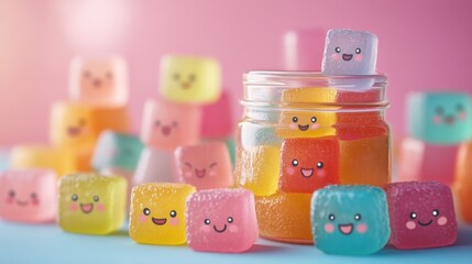 Colorful and Happy Fruit Gummies in a Jar on a Bright Pastel Background for Sweet Treat Lovers
