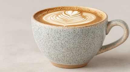 Latte art in a speckled mug, creamy and rich, perfect for morning enjoyment