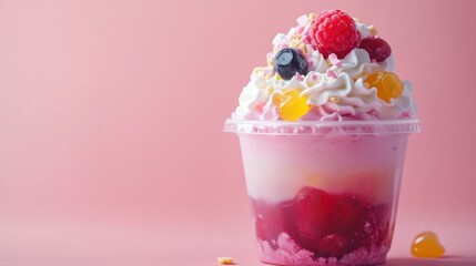 Colorful dessert cup with whipped cream, berries, and jelly against a soft pink background