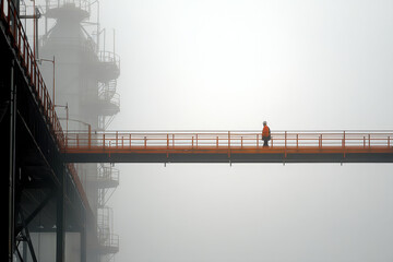 A man walking across a foggy bridge.