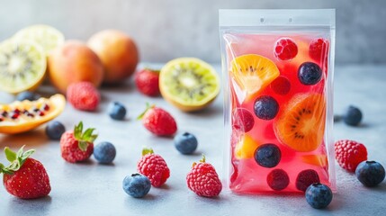 Vibrant Fruit Jellies with Assorted Berries and Tropical Fruits in Transparent Packaging on Gray Background
