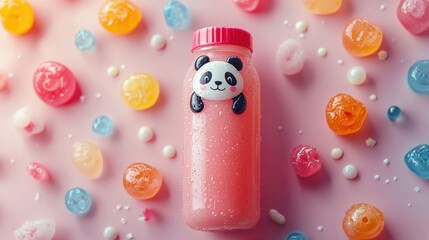Cute pink drink bottle with panda design surrounded by colorful jelly candies on a pastel background
