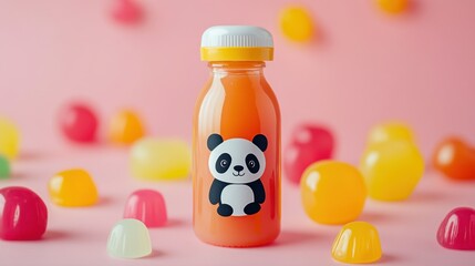 Cute panda juice bottle surrounded by colorful jelly candies on a soft pastel background