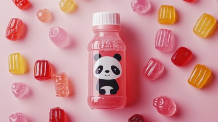 Cute panda bottle surrounded by colorful gummy candies on a soft pink background for playful designs