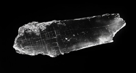 Fragment of a translucent, elongated object.  Etched, grid-like patterns are visible on the surface