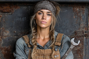 Woman in denim overall and hat.
