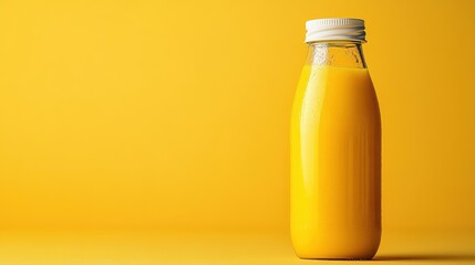 Fresh and Delicious Orange Juice in a Glass Bottle on Bright Yellow Background for Vibrant Beverage Displays