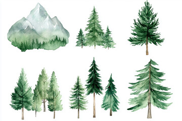 Obraz premium Watercolor Evergreen Trees and Mountain Landscape Nature Scene