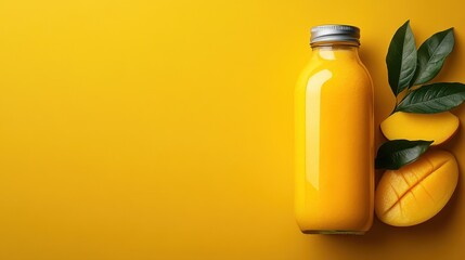 Fresh Mango Juice in Glass Bottle with Mango Slices and Green Leaves on Bright Yellow Background