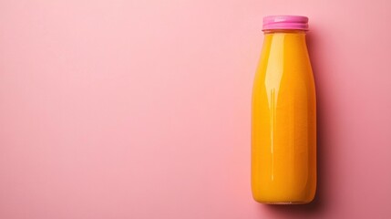 Bright and Refreshing Orange Juice in a Glass Bottle Against Soft Pink Background