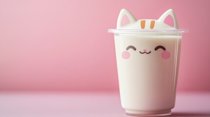 Cute Cat-Themed Drink Container with Happy Face and Cat Ears on Light Pink Background