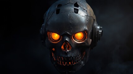 Cyberpunk robotic skull glowing orange eyes dark background futuristic metal 3d neon tech head mask