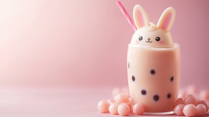 Cute Easter-themed dessert drink with bunny marshmallow topping and pastel pink background for festive celebration