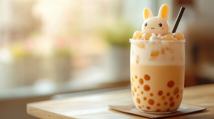 Cute bunny shaped dessert drink with tapioca pearls on a wooden table by a soft light background